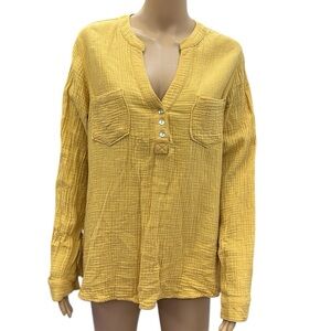 Mote Cotton Mustard Yellow Gauze Split V Neck Double Pocket Long Sleeve Top Sz L
